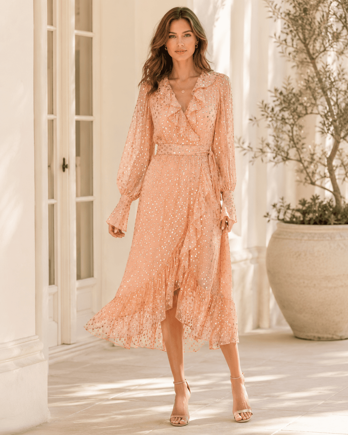 Zimmermann Lurex Silk Metallic Dot Wrap Midi Dress