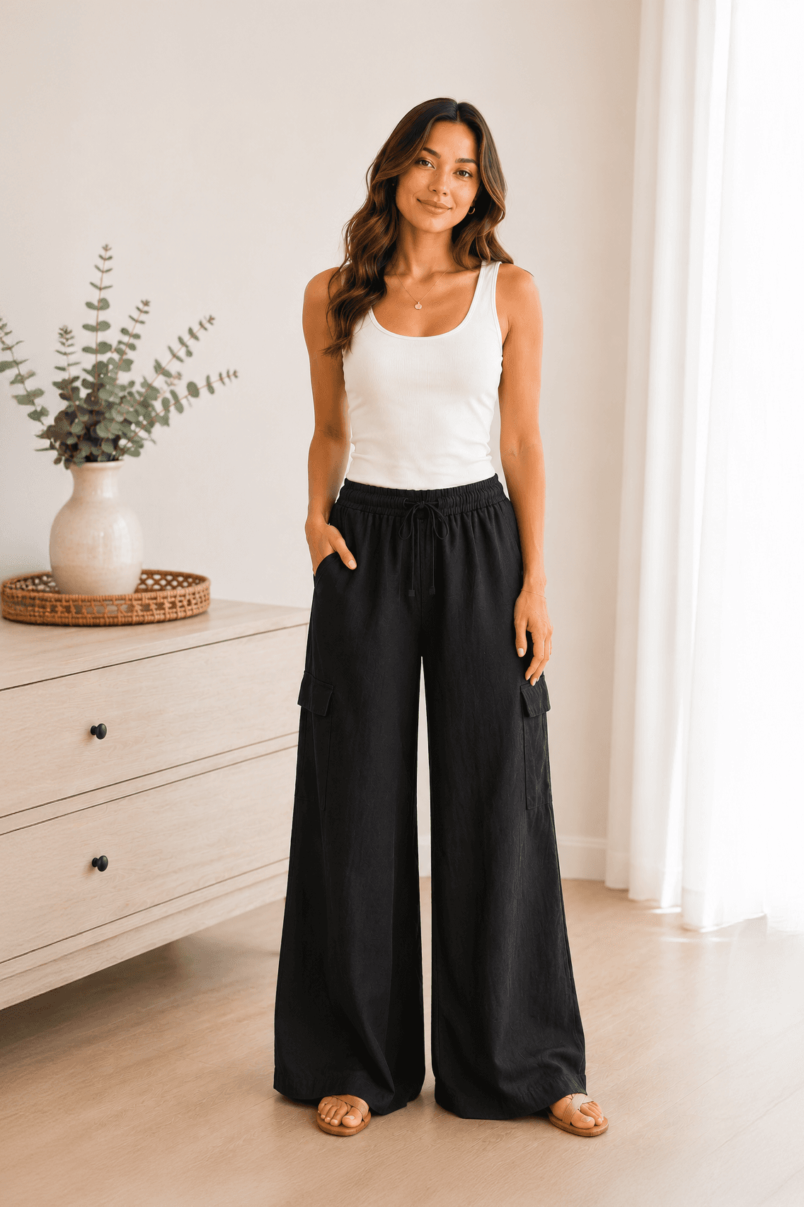 Massimo Dutti Linen Blend Wide Leg Cargo Pants