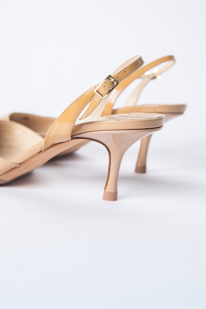 Jimmy Choo Nude Patent Leather Slingback Kitten Heels