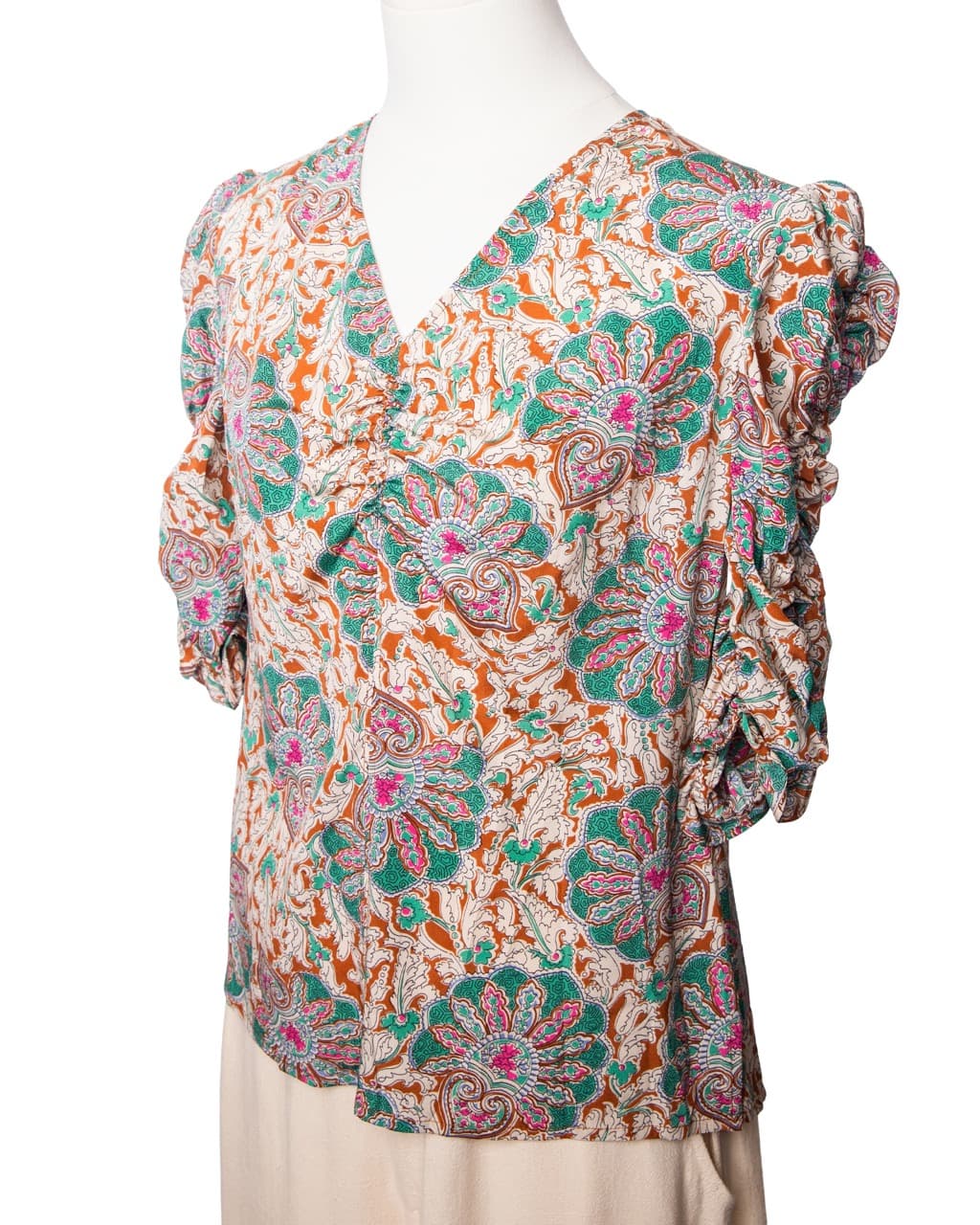 Veronica Beard Silk Paisley Ruched Sleeve Blouse