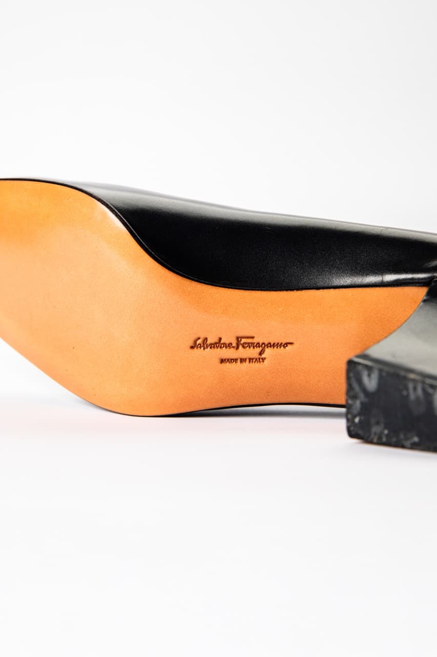 Salvatore Ferragamo Black Leather Block Heel Pumps | Made in Italy