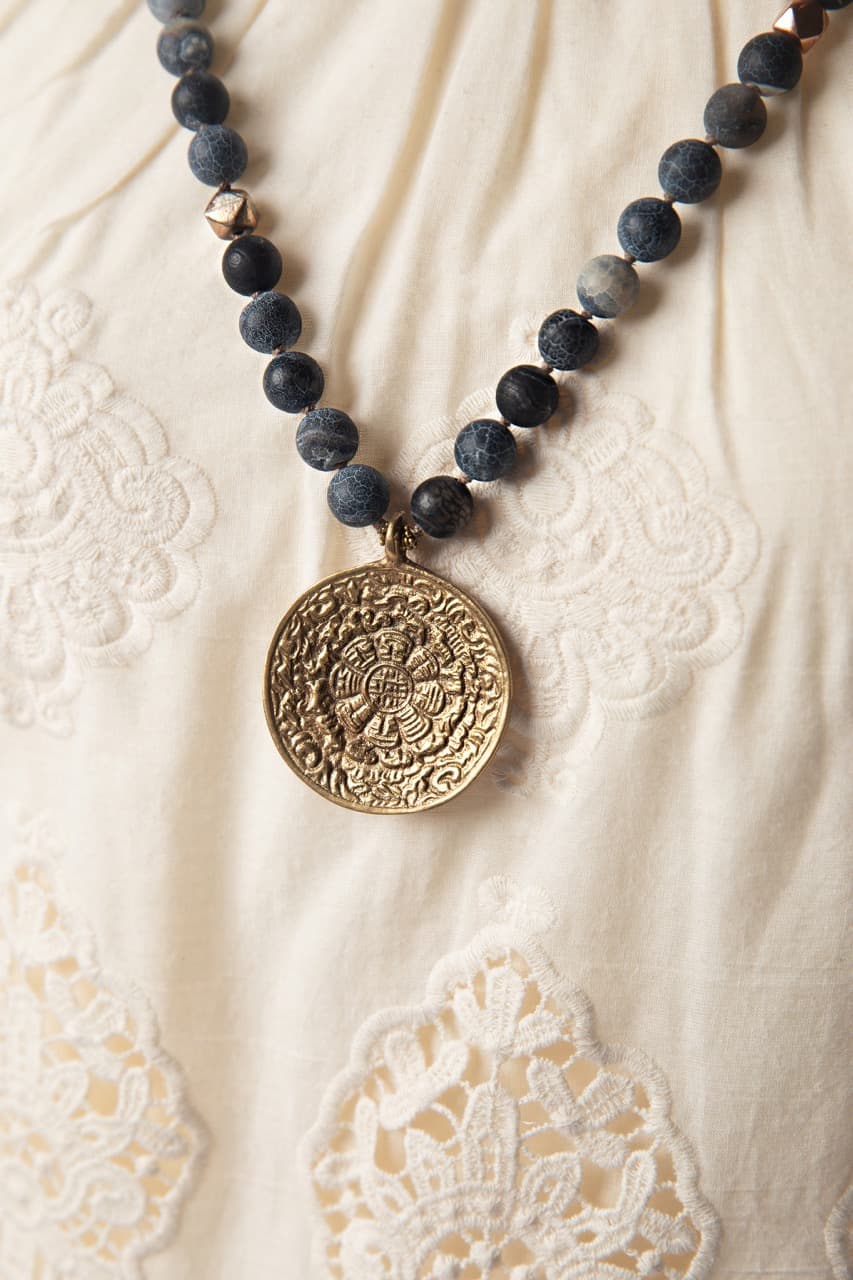 Julio Navy Agate Beaded Medallion Necklace