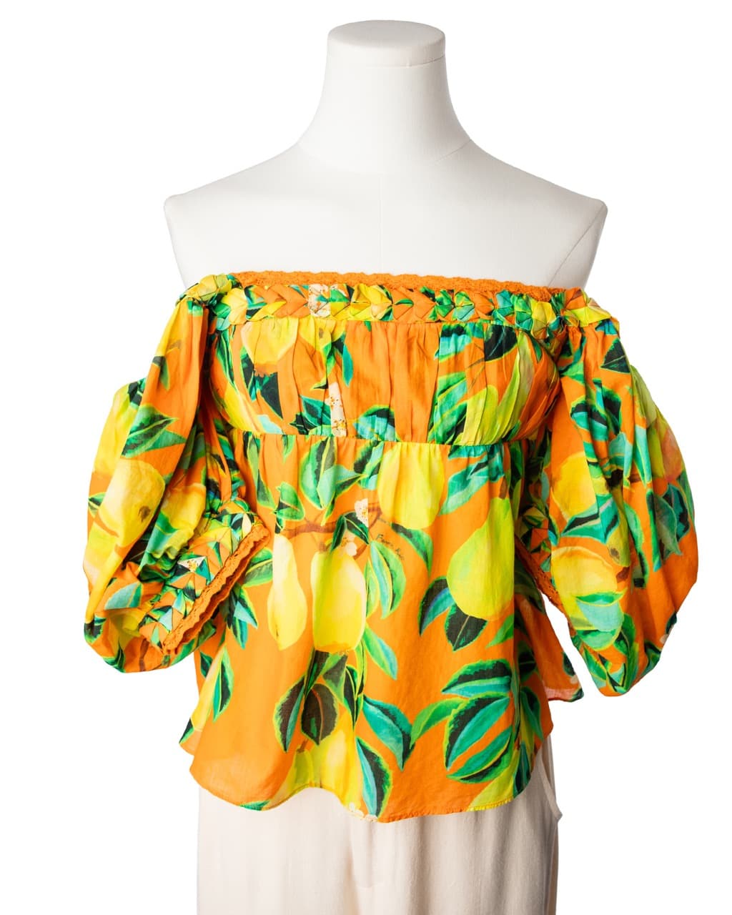 Farm Rio Pear Print Off-Shoulder Cotton Top