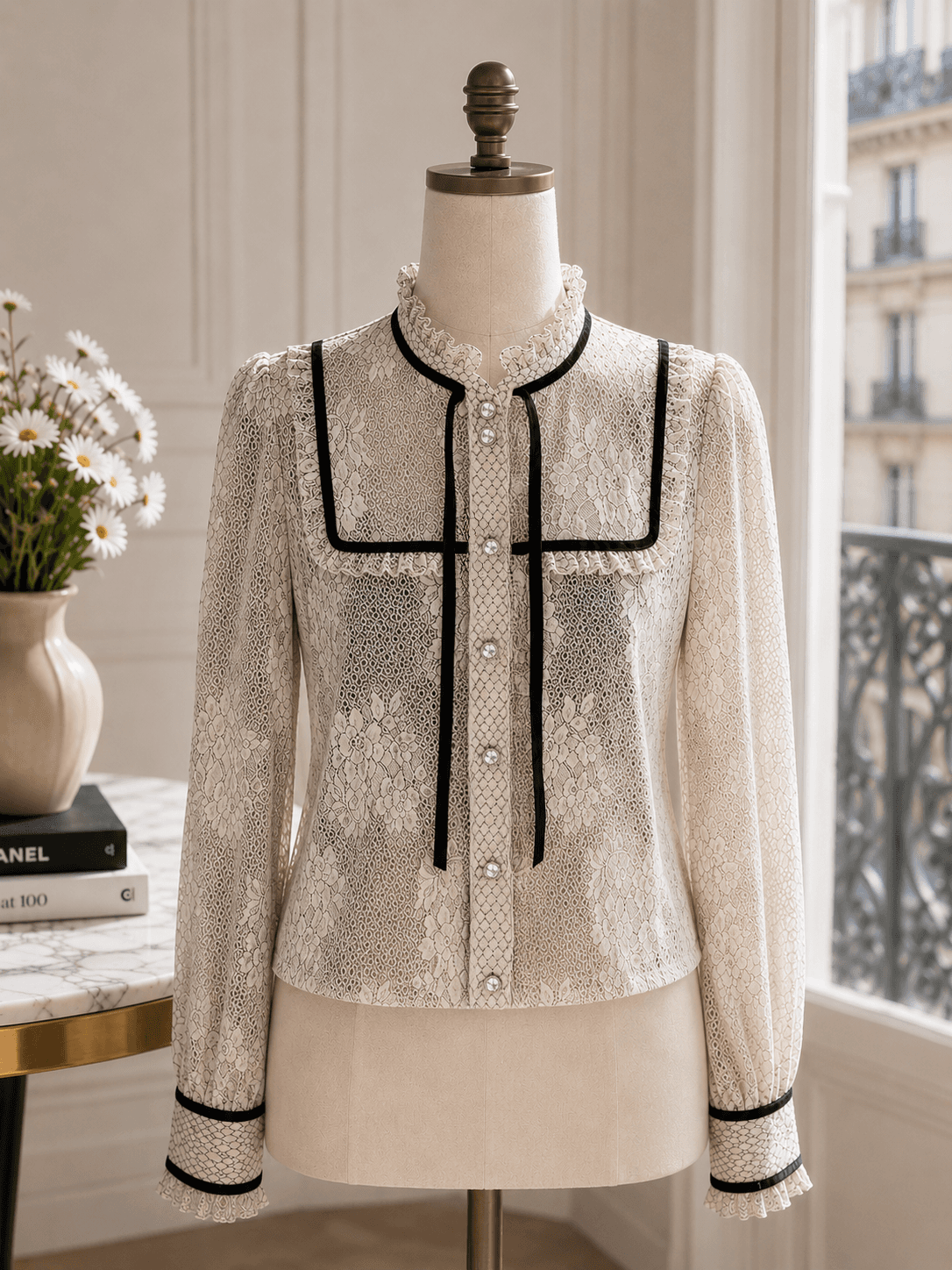 A Loves A Ivory Lace Victorian Blouse with Velvet Trim Detail