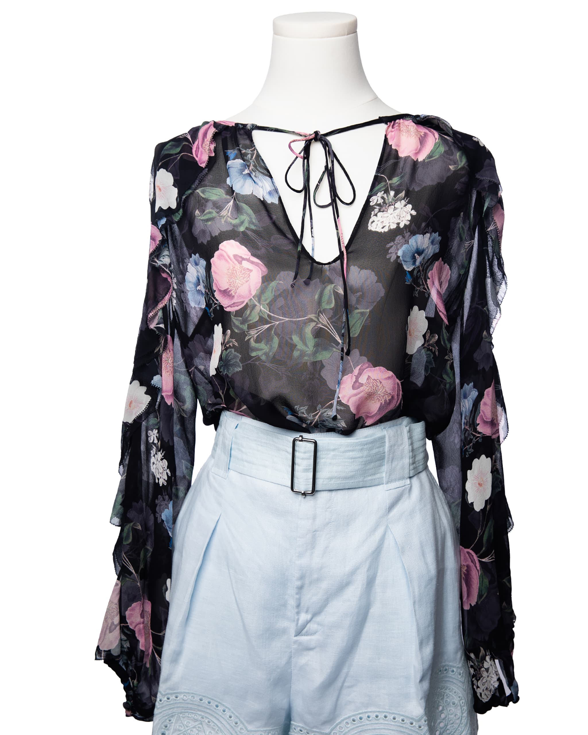 Nicholas Australia Black Floral Semi-Sheer Ruffle Sleeve Blouse