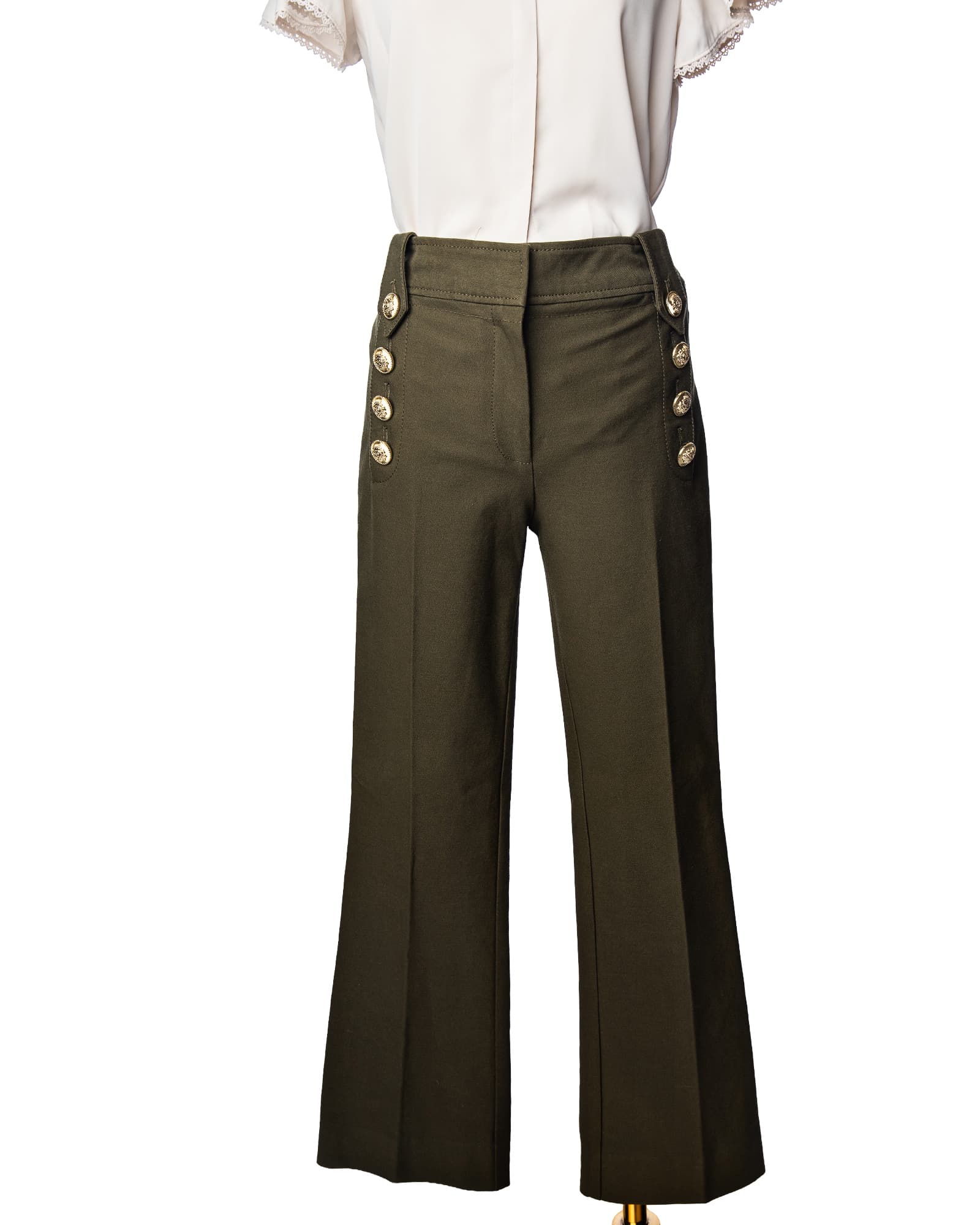 Derek Lam 10 Crosby Military Green Gold Button Flare Pants