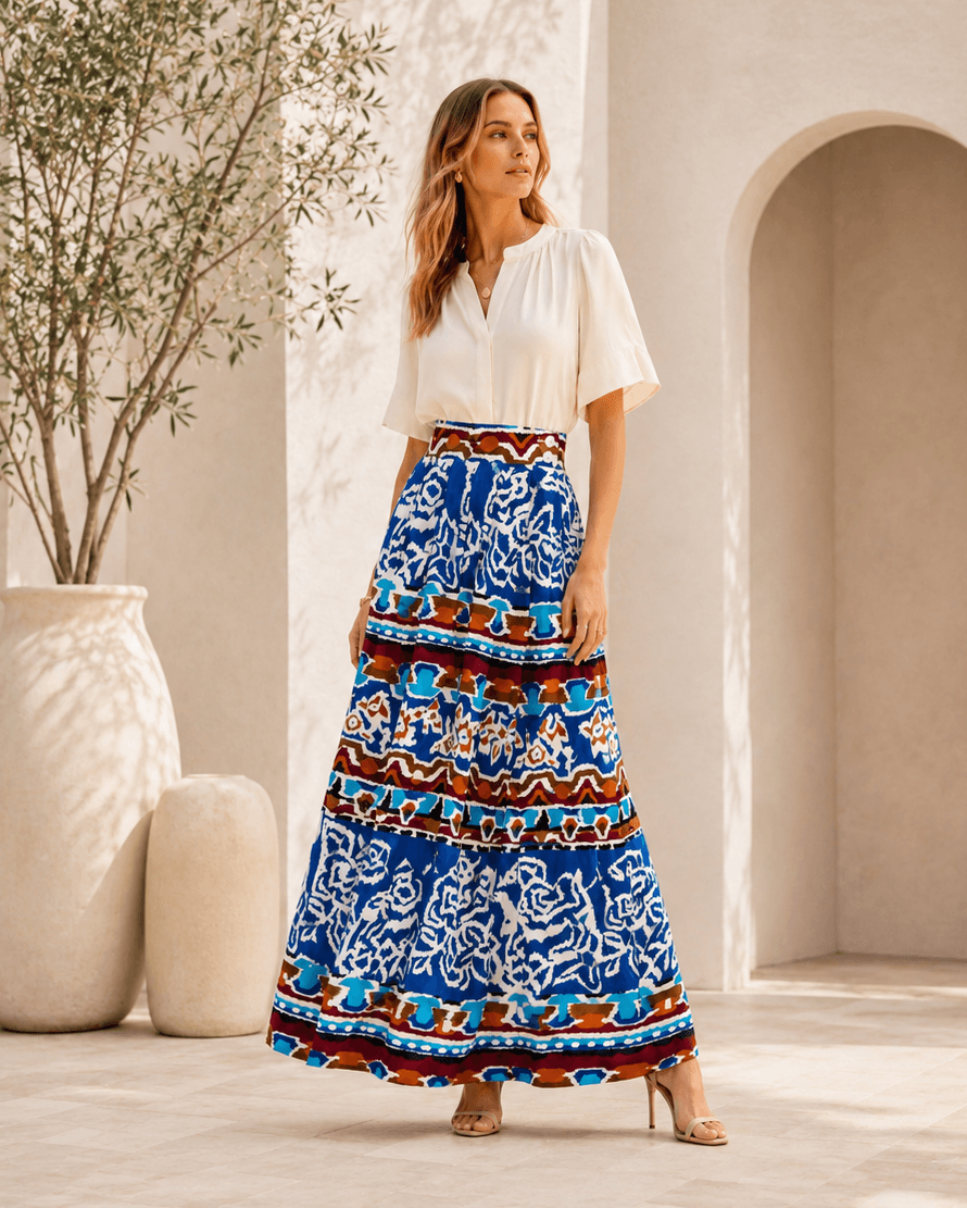 Alfred Sung Cobalt Mosaic Silk Pleated Maxi Skirt