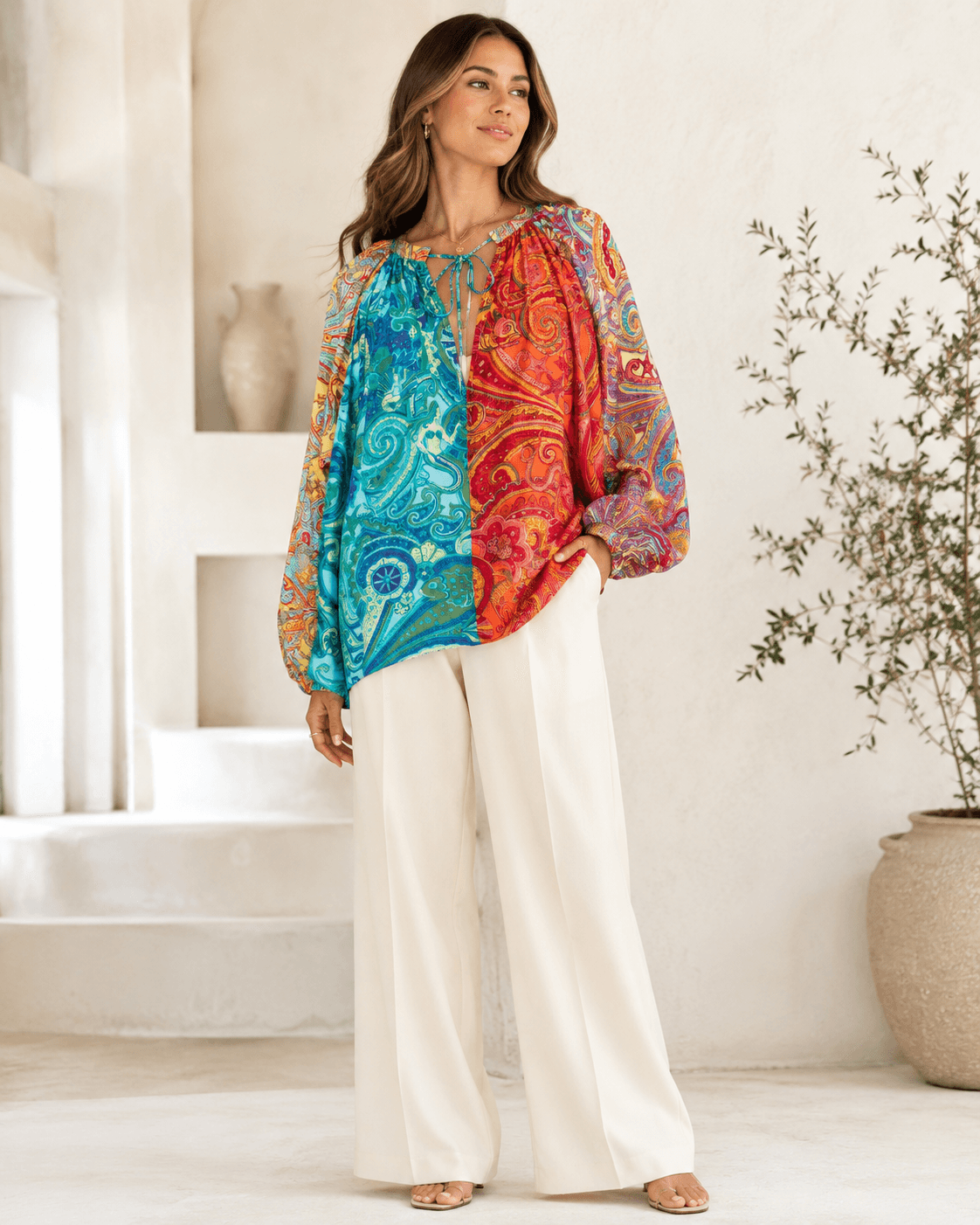 ALÉMAIS Paisley Tie-Neck Blouse NWT