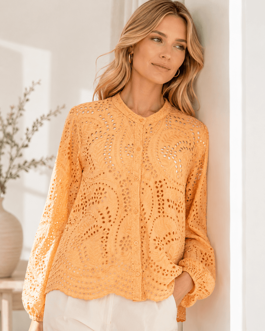 Joie Apricot Cotton Eyelet Button-Front Balloon-Sleeve Scalloped-Hem Blouse