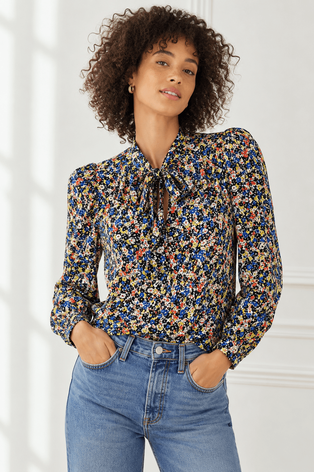 Veronica Beard “Mena” Gathered Floral Puff-Sleeve Top