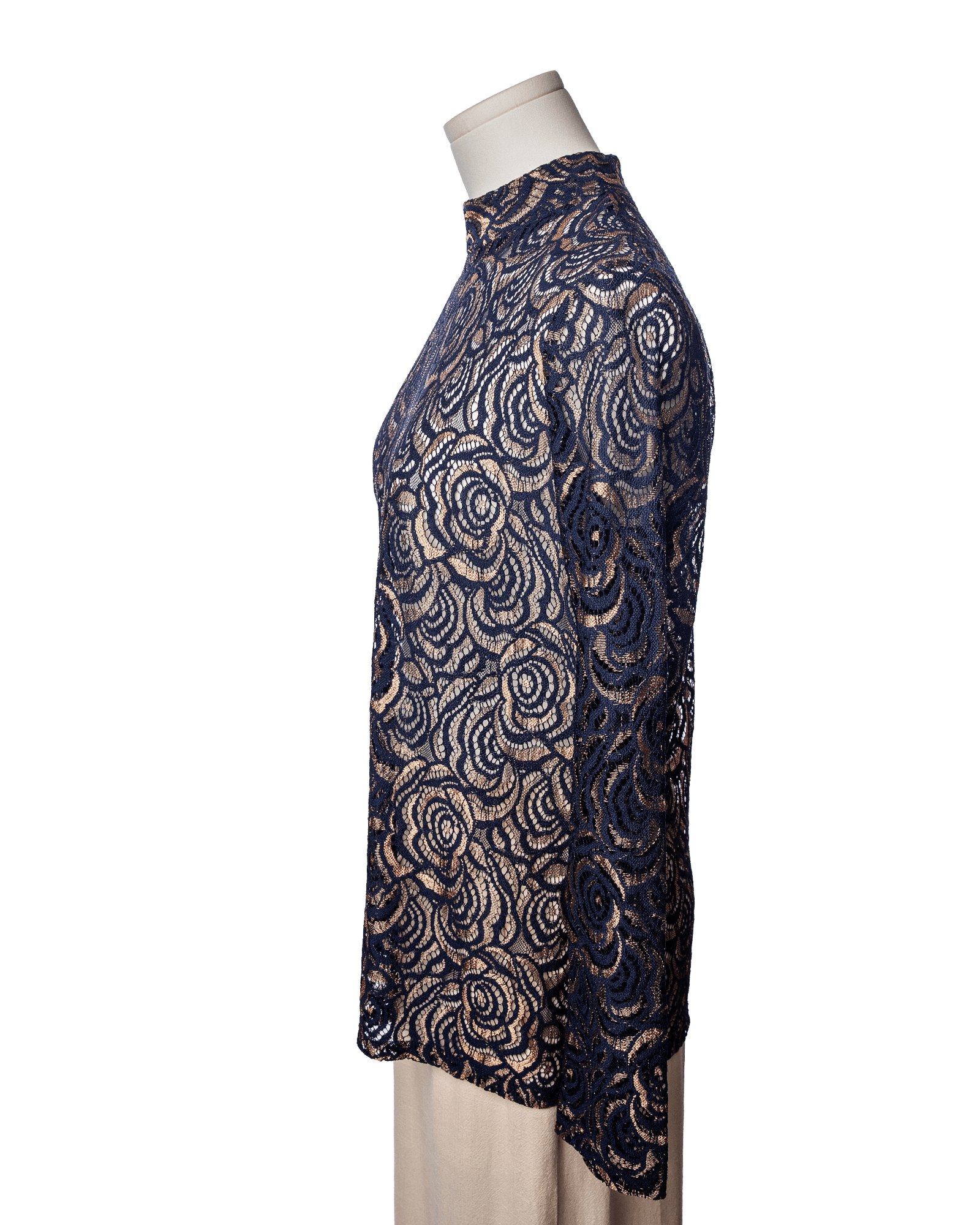Anne Fontaine Navy Lace Mock Neck Long Sleeve Blouse