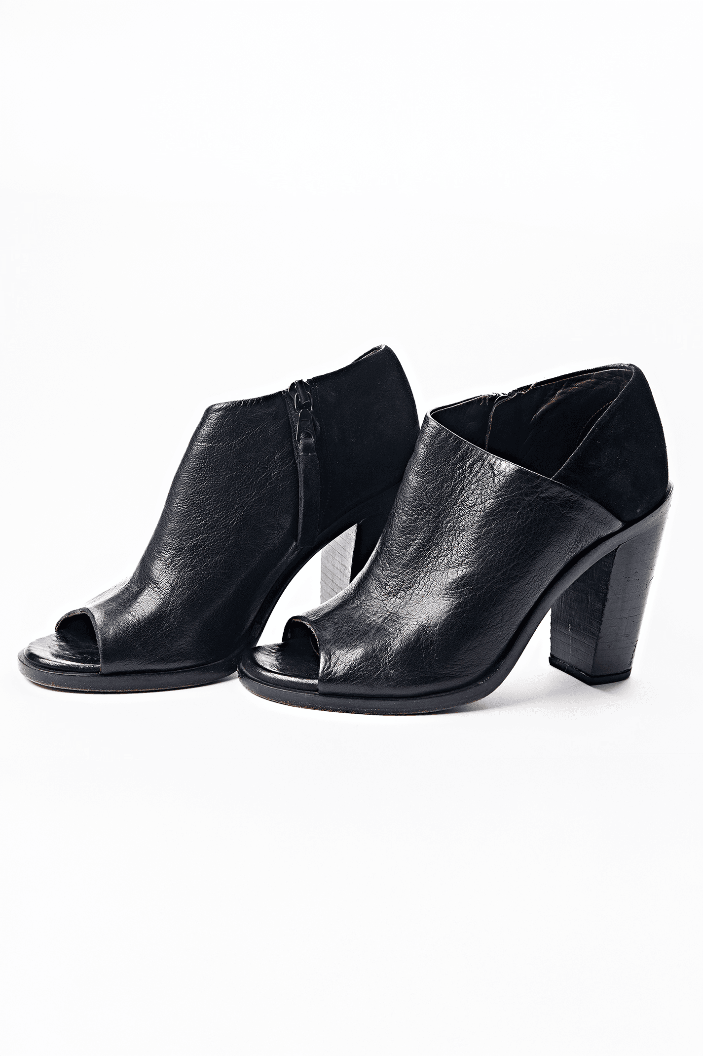 Black Leather Peep Toe Ankle Booties
