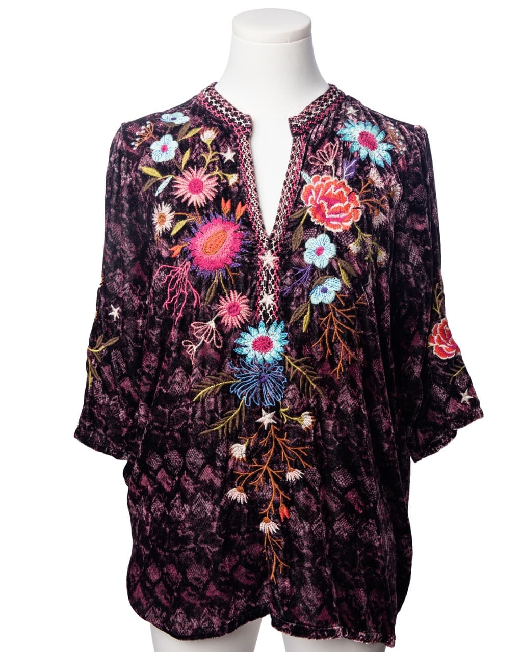 Johnny Was Plum Velvet Embroidered Floral Blouse