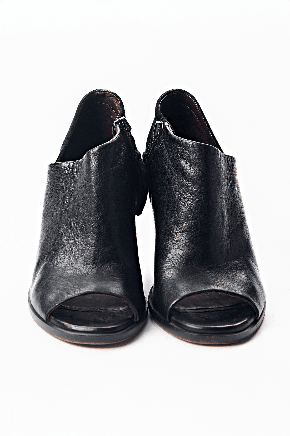 Black Leather Peep Toe Ankle Booties