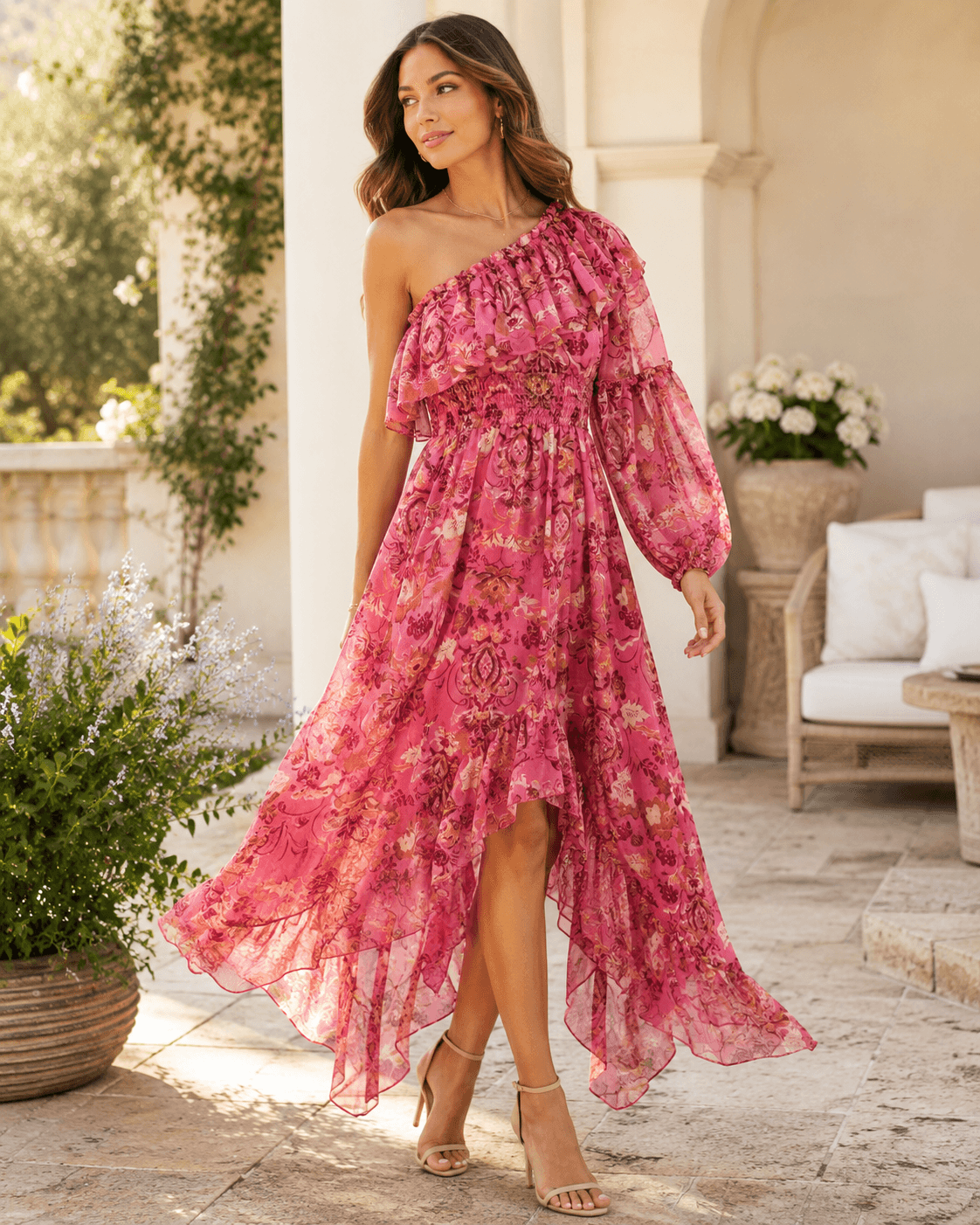 MISA Los Angeles Rumi Pink Floral One-Shoulder Ruffle Maxi Dress