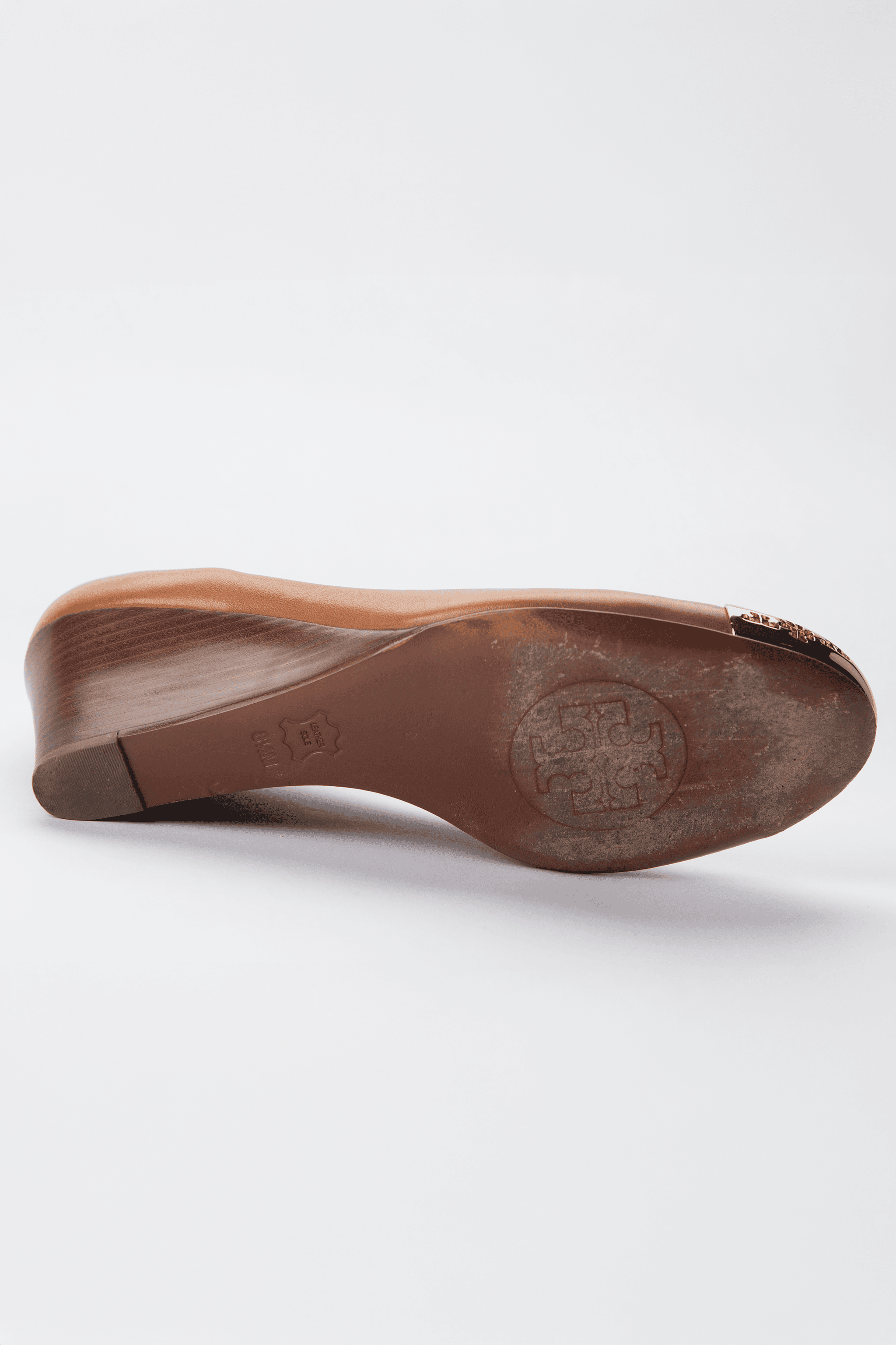 Tory Burch Cognac Leather Gold Cap-Toe Wedges