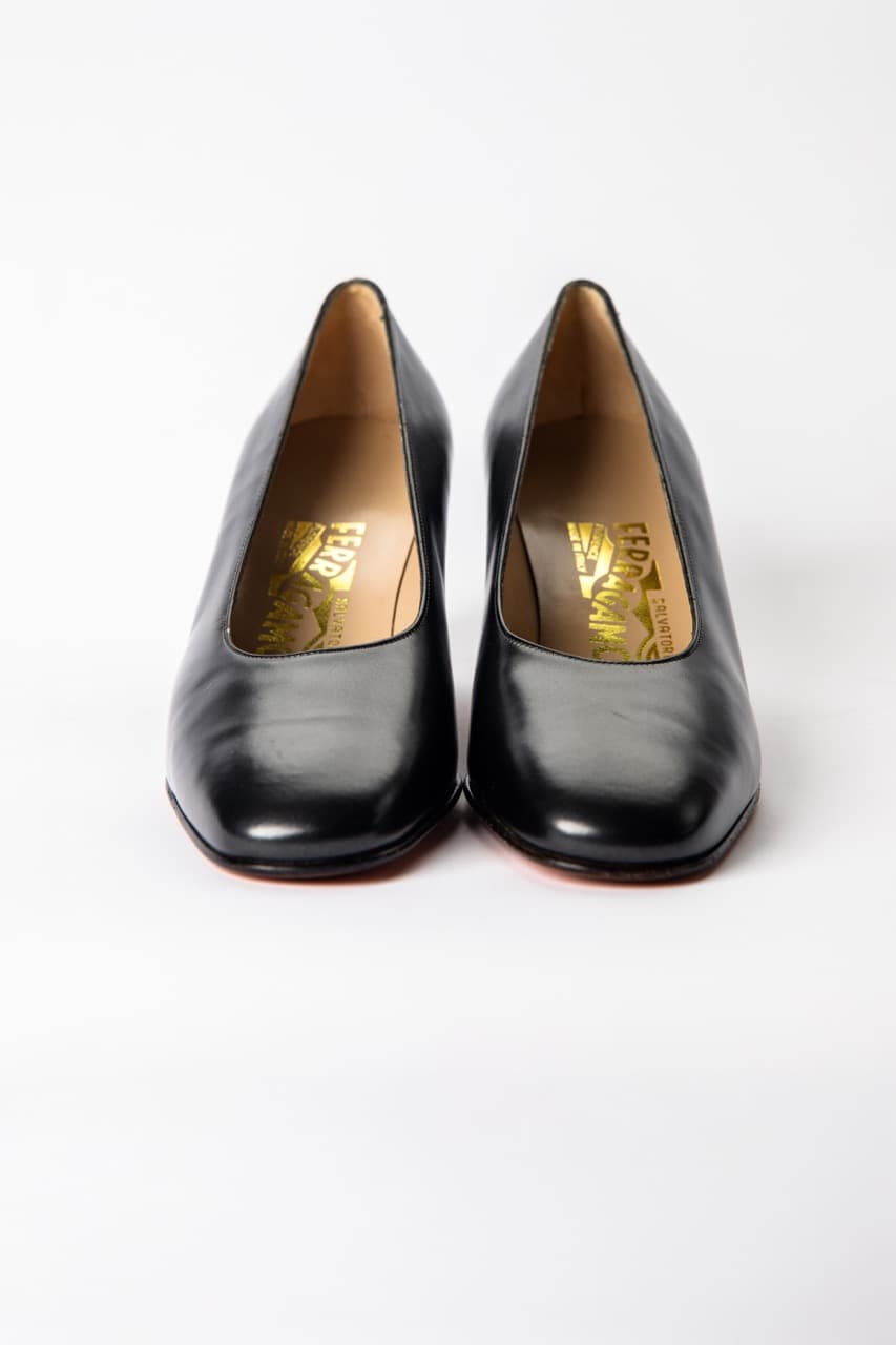 Salvatore Ferragamo Black Leather Block Heel Pumps | Made in Italy
