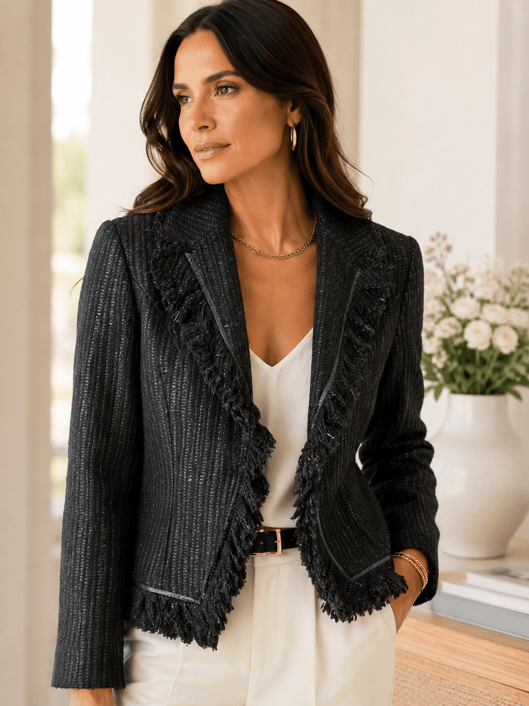 Etcetera Charcoal Fringe Tweed Tailored Blazer