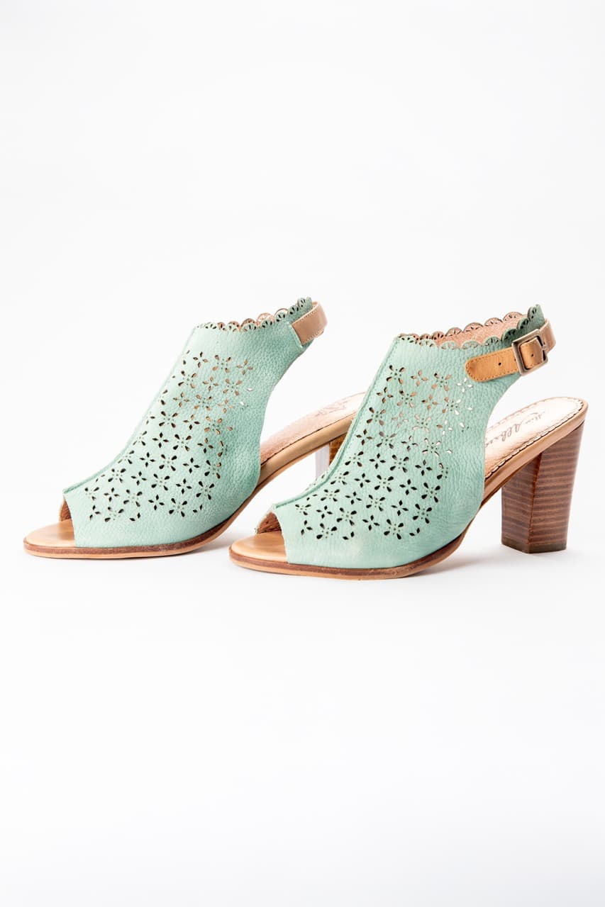 Miss Albright Mint Laser-Cut Leather Peep-Toe Block Heel Sandals