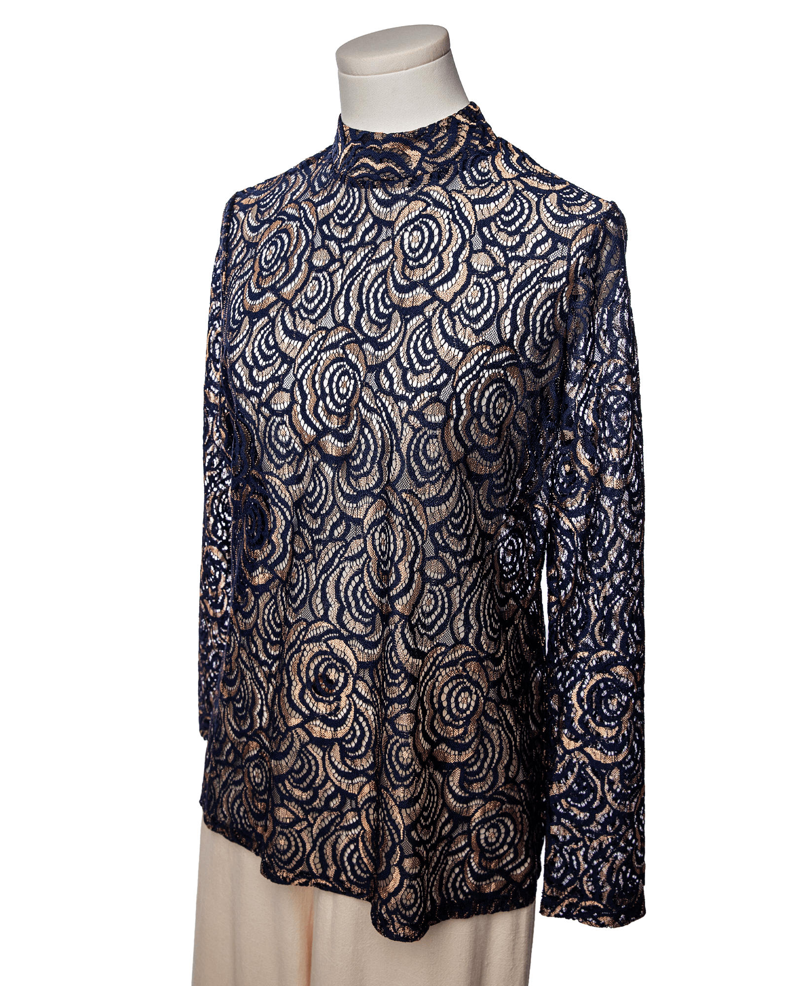 Anne Fontaine Navy Lace Mock Neck Long Sleeve Blouse