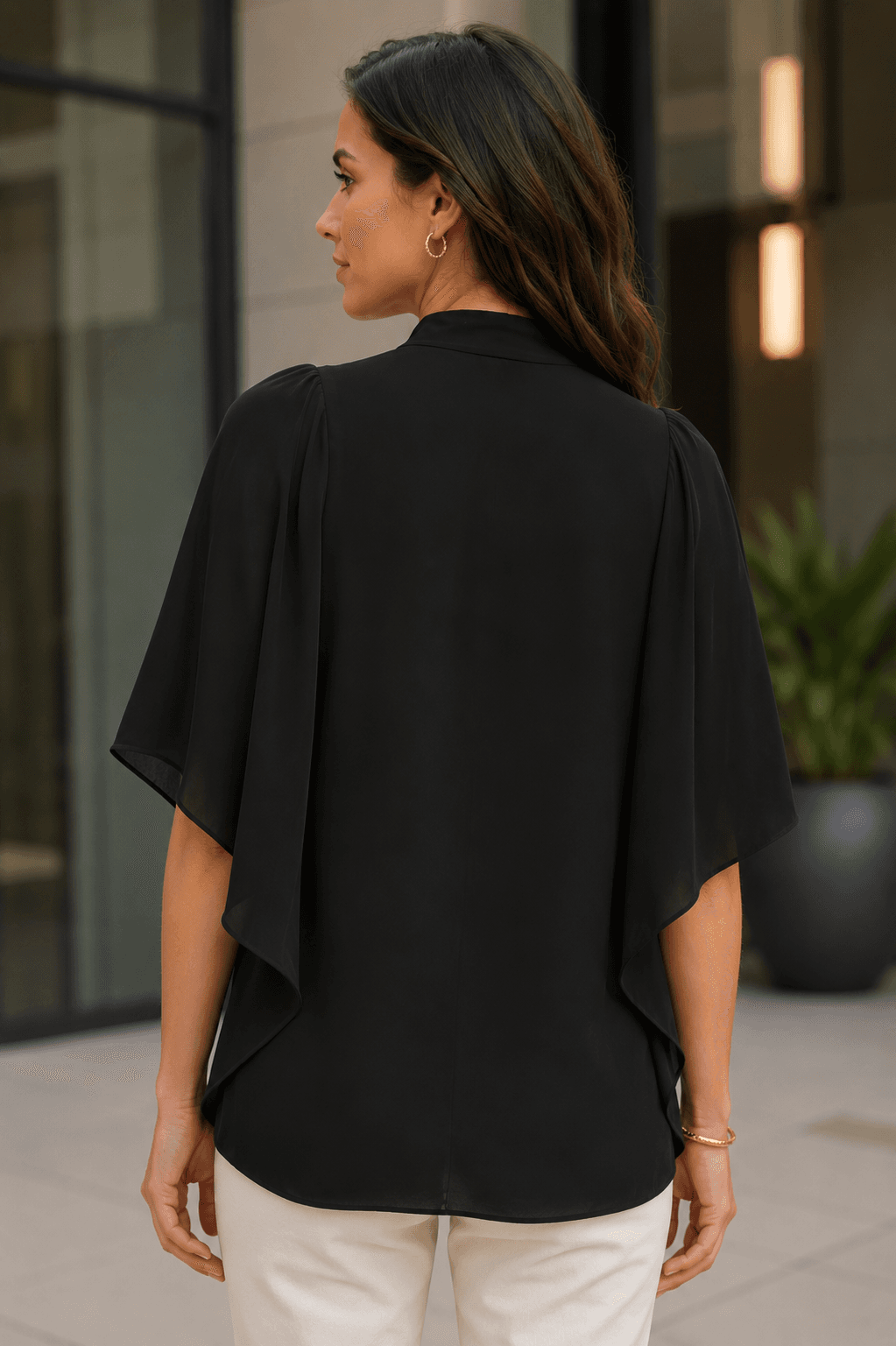 Kobi Halperin Black Silk Pleated Cape Sleeve Blouse