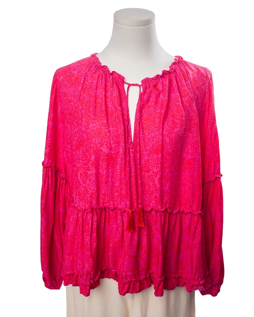 Natalie Martin Shangri La Raspberry Rayon Tiered Ruffle Peasant Blouse