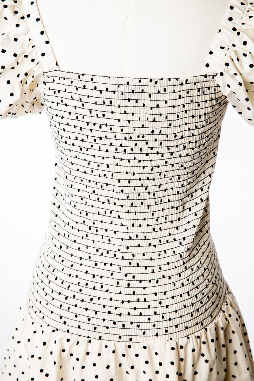 Tanya Taylor Eden Polka Dot Puff-Sleeve Smocked Mini Dress