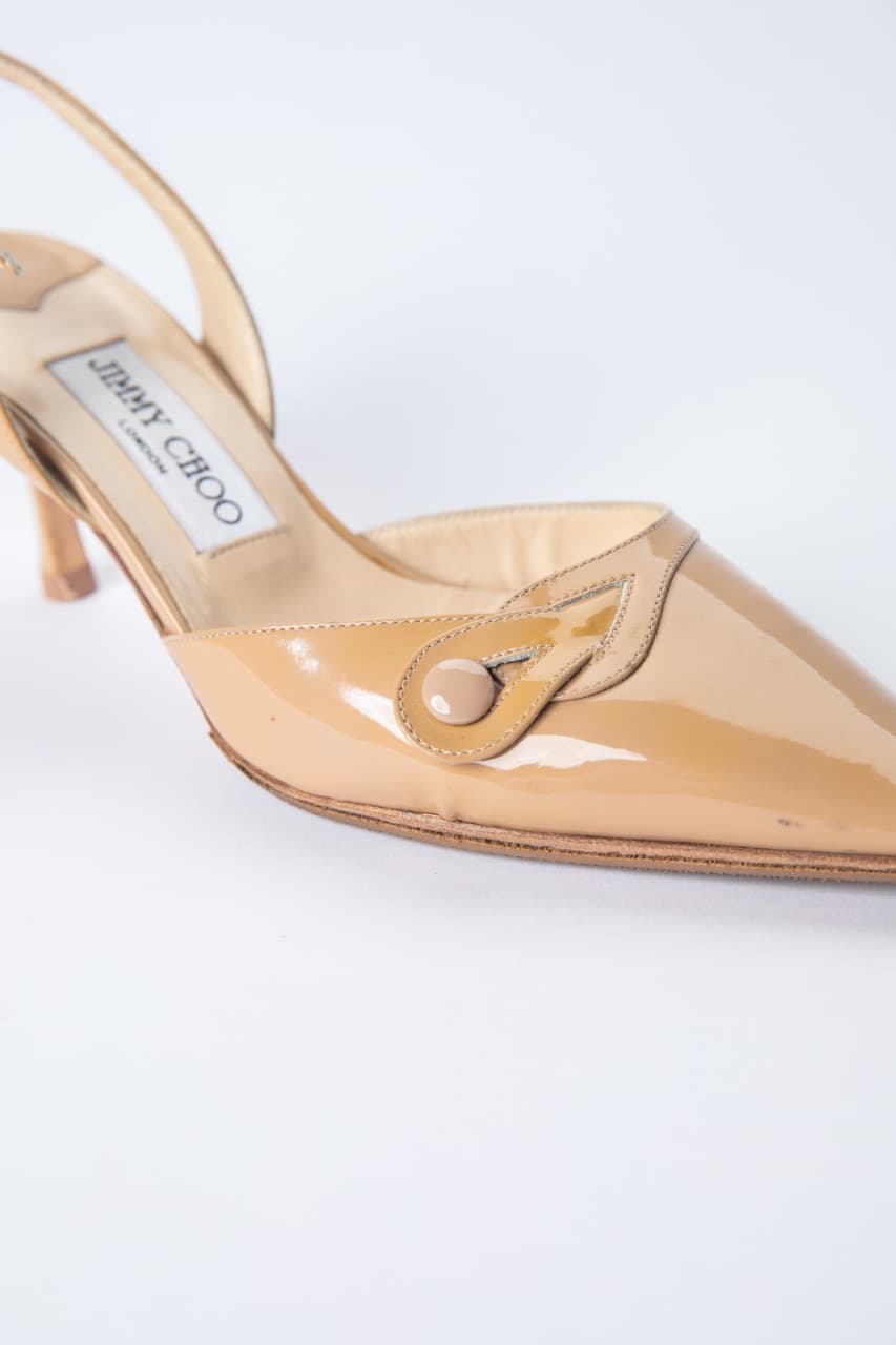 Jimmy Choo Nude Patent Leather Slingback Kitten Heels