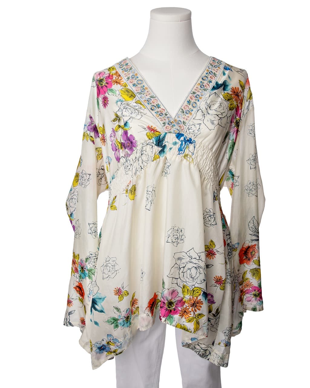 Johnny Was Silk Floral Embroidered V-Neck Tunic Blouse