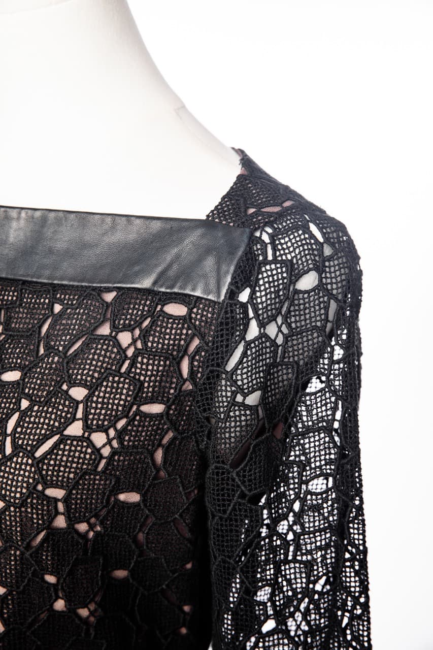 Diane von Furstenberg Black Lace & Leather Accent Cocktail Dress