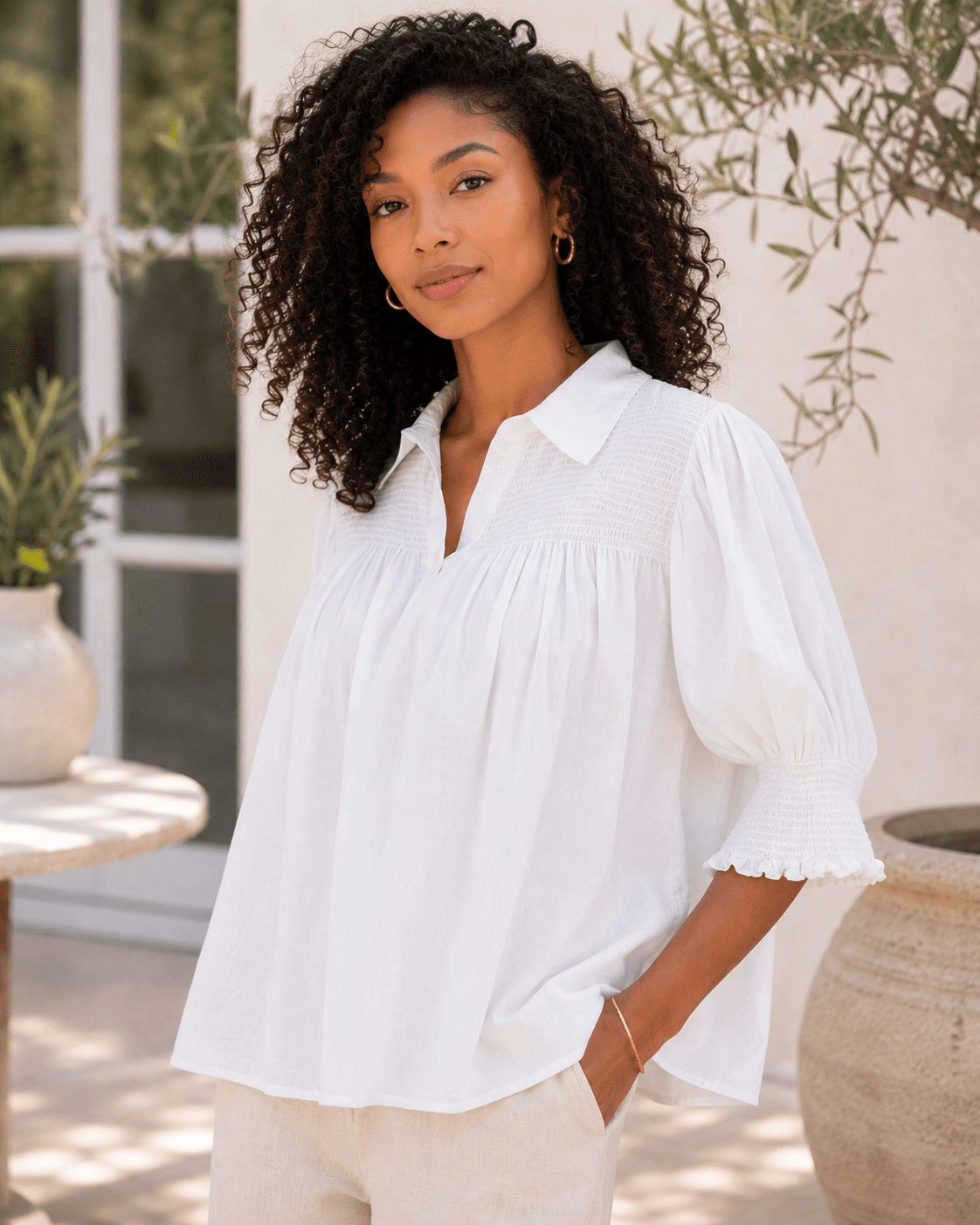 Munthe White Smocked Cotton Tunic Blouse