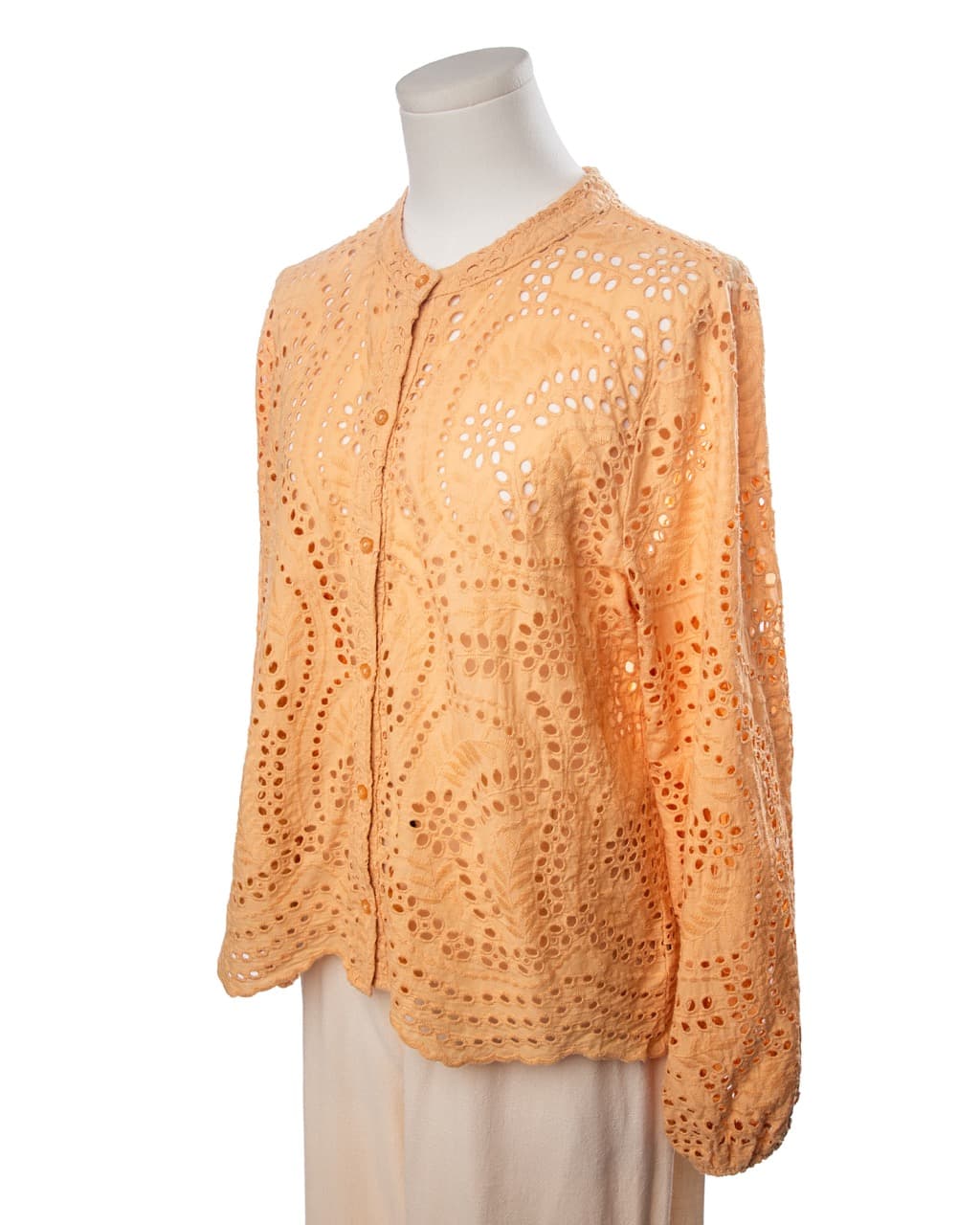 Joie Apricot Cotton Eyelet Button-Front Balloon-Sleeve Scalloped-Hem Blouse