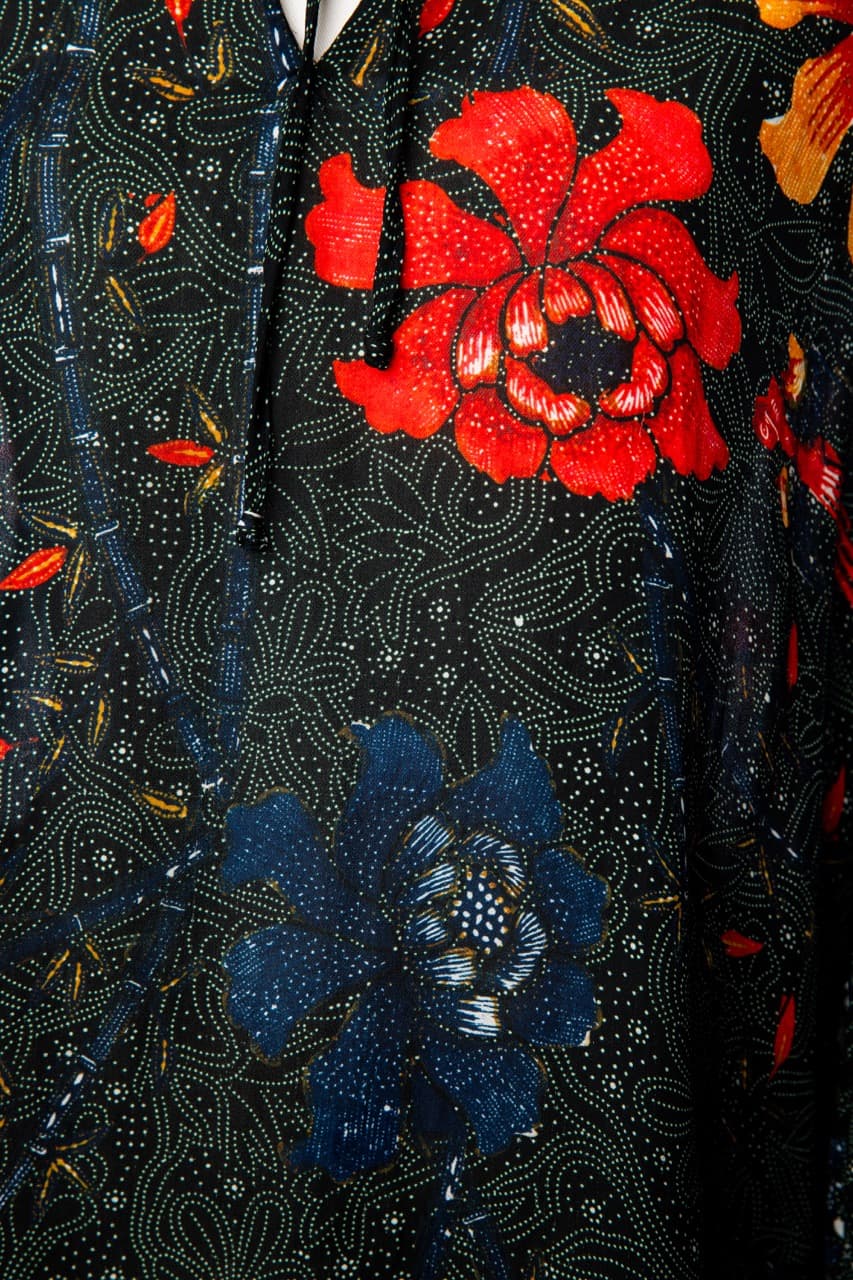Kobi Halperin Silk Floral & Bee Print Tie-Neck Blouse