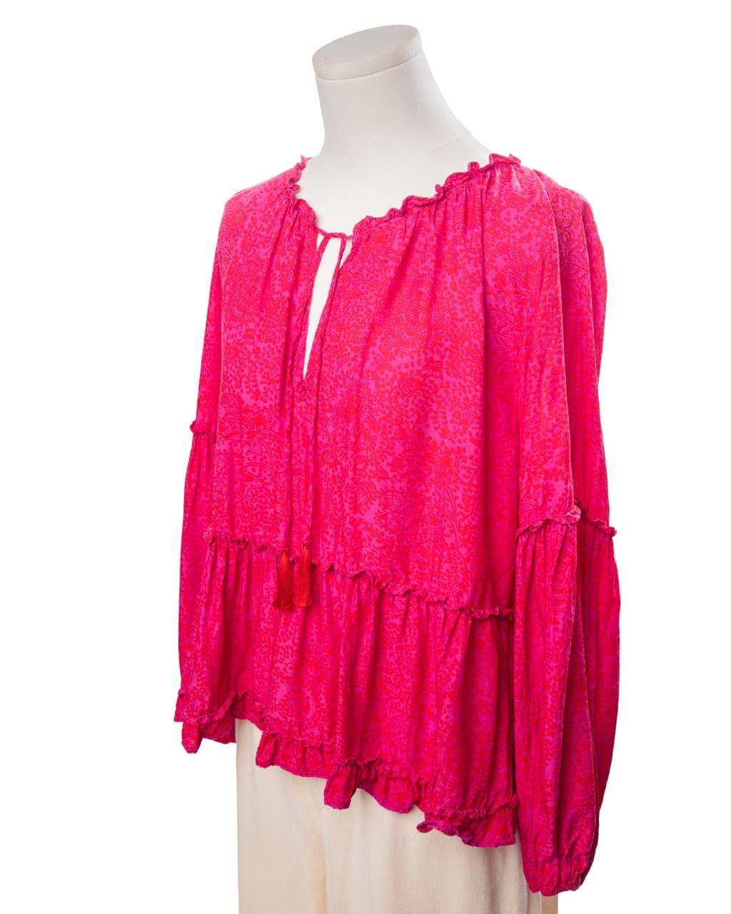 Natalie Martin Shangri La Raspberry Rayon Tiered Ruffle Peasant Blouse