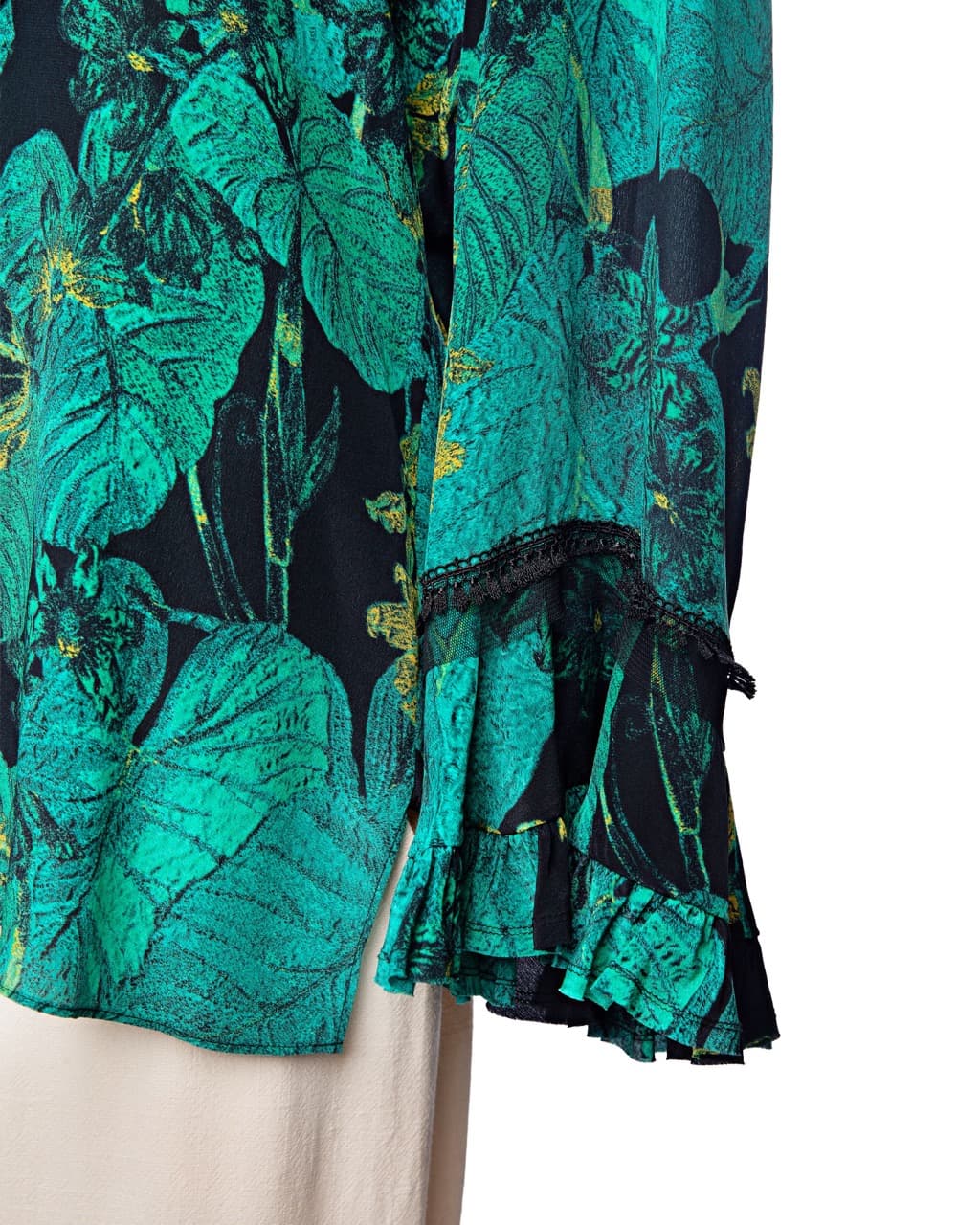 Kobi Halperin Dahlia Silk Ruffle Blouse in Emerald Noir Botanical
