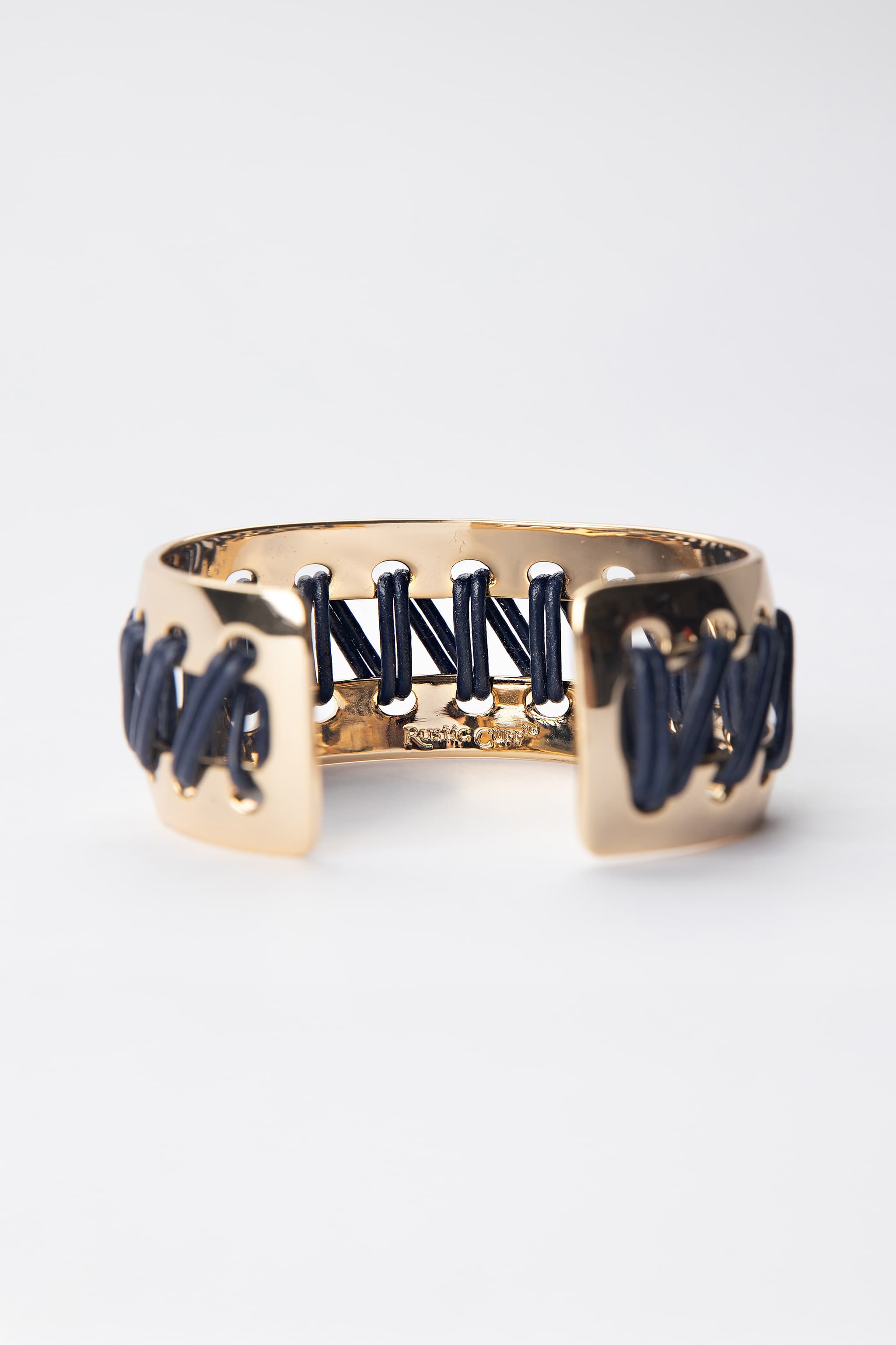 Rustic Cuff Navy Leather Woven Gold Tone Statement Cuff