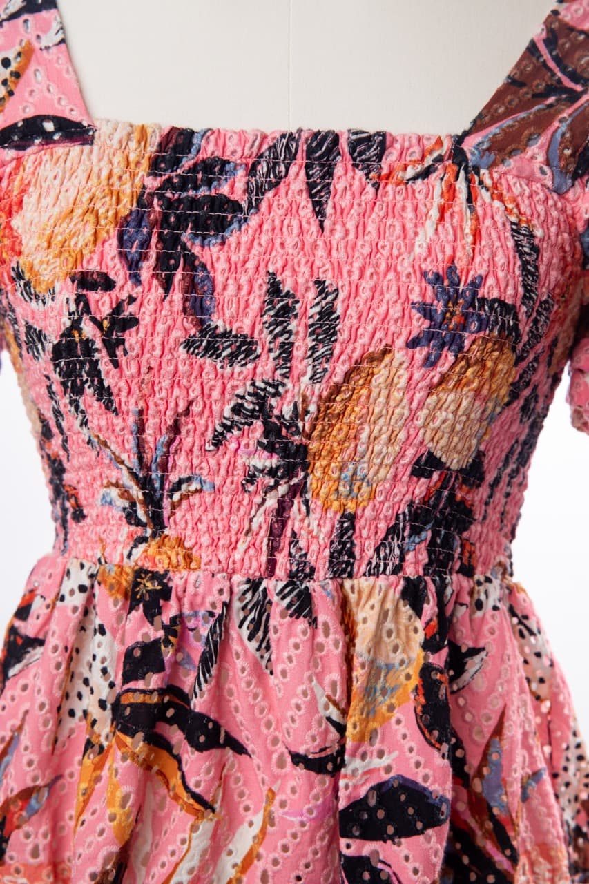 Farm Rio Pink Tropical Smocked Peplum Top
