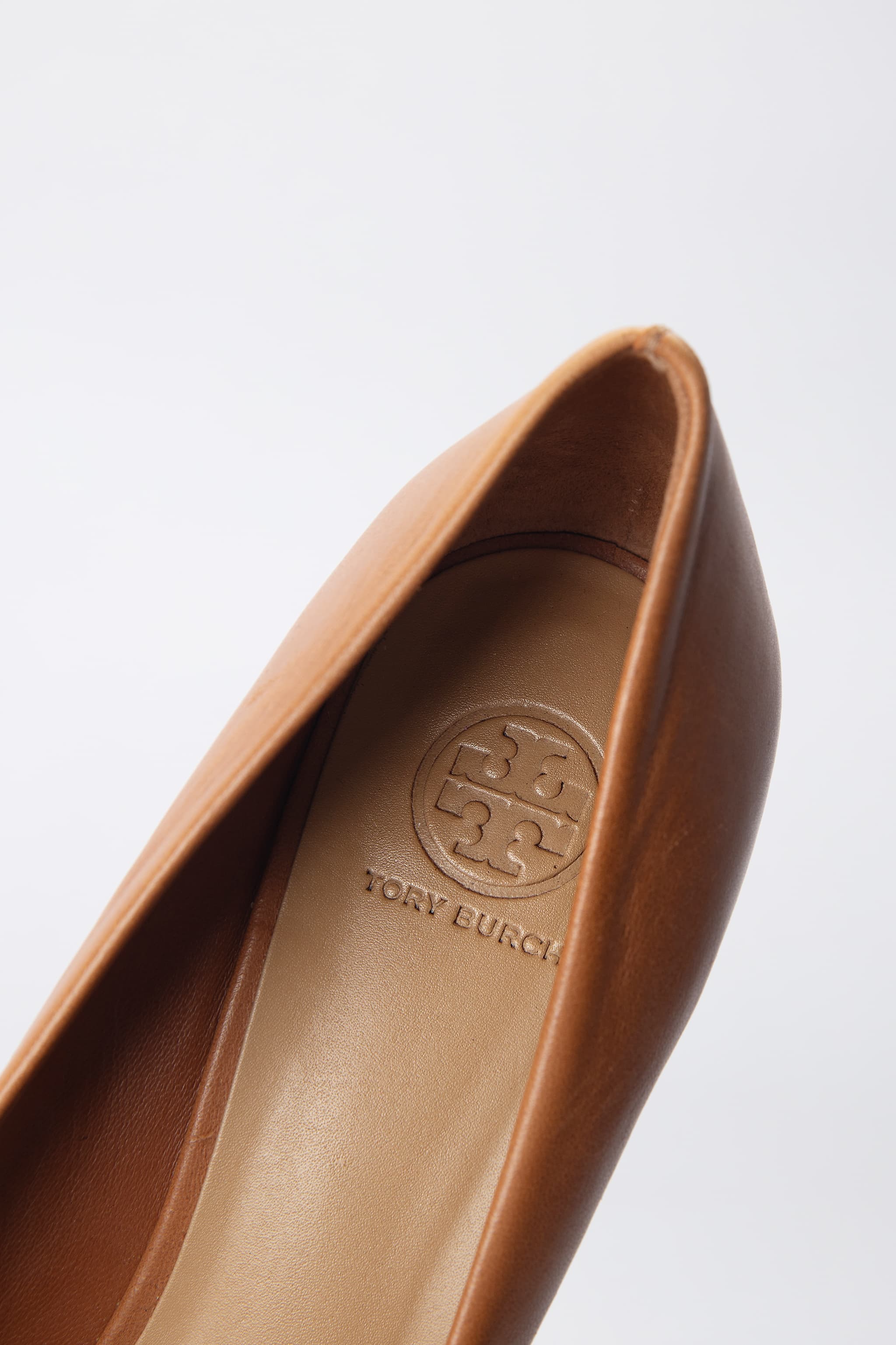 Tory Burch Cognac Leather Gold Cap-Toe Wedges