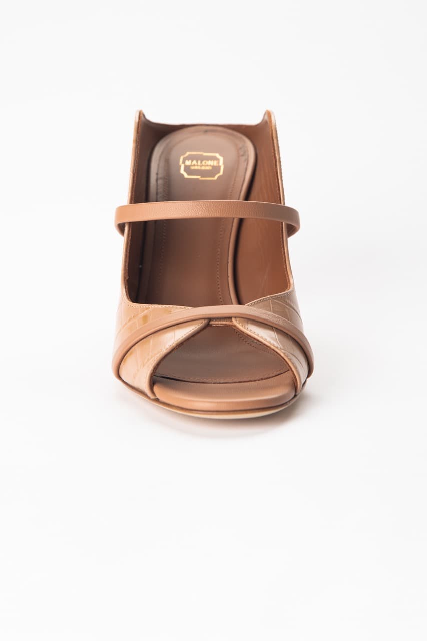 Malone Souliers Caramel Croc-Embossed Leather Mule Sandals