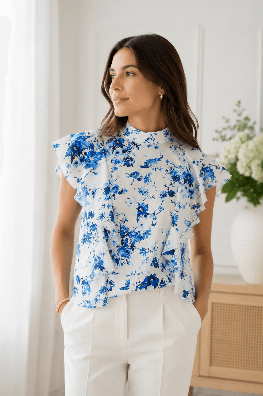 Adam Lippes Blue Floral Hammered Silk Ruffle Blouse