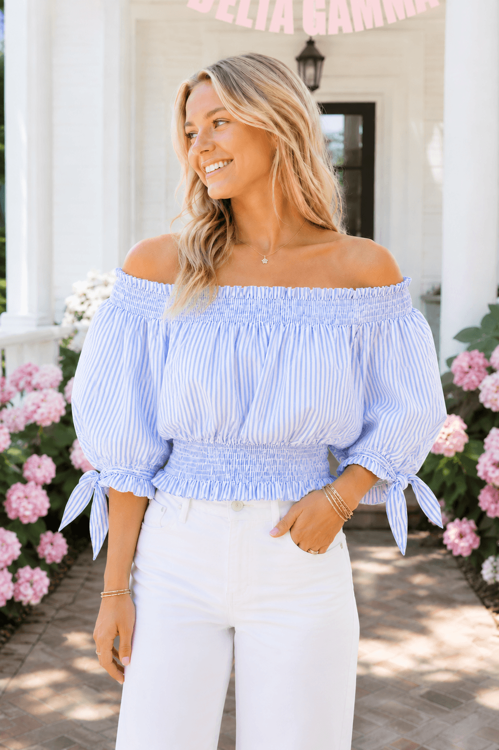 Caroline Constas Off-the-Shoulder Smocked Stripe Top
