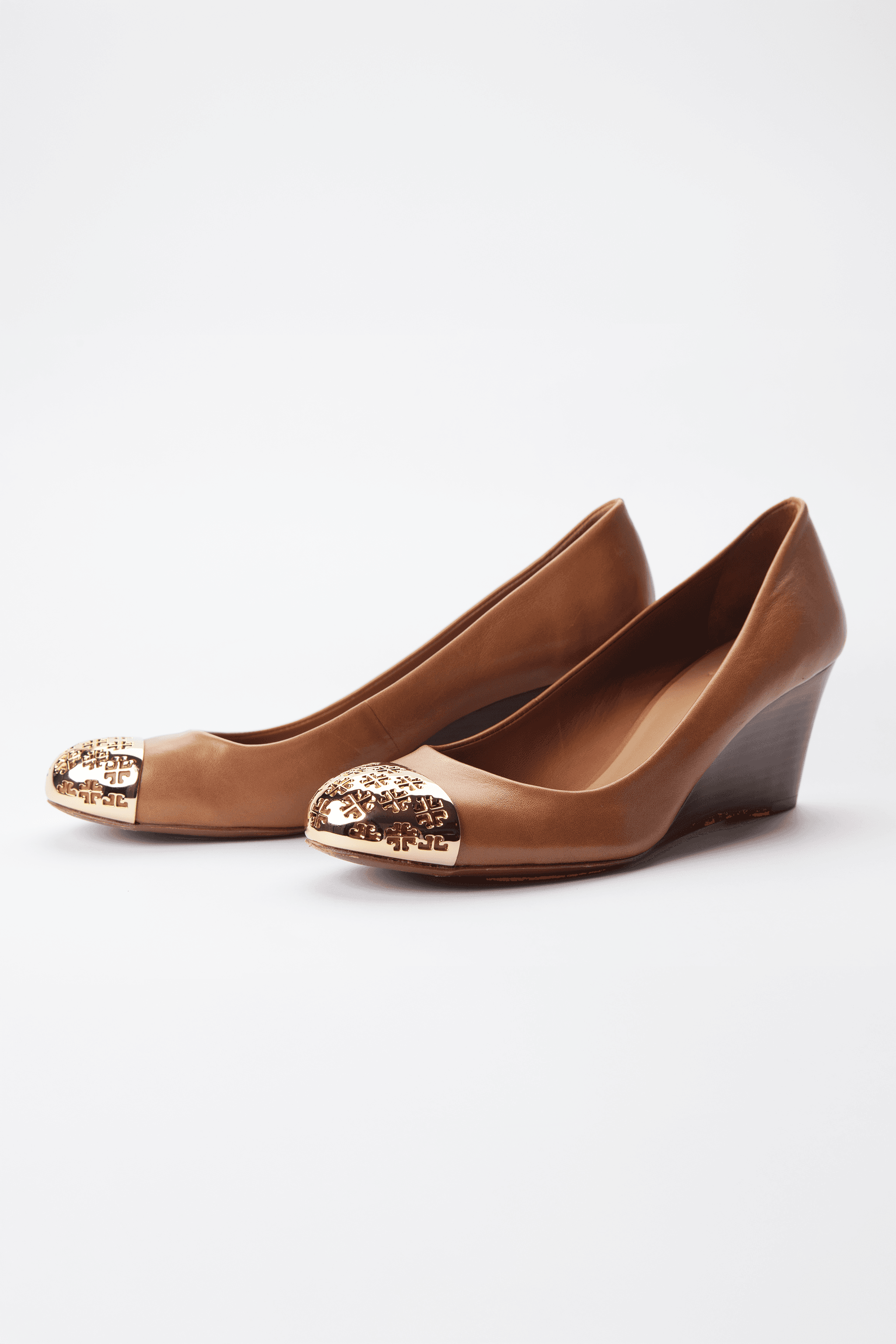 Tory Burch Cognac Leather Gold Cap-Toe Wedges