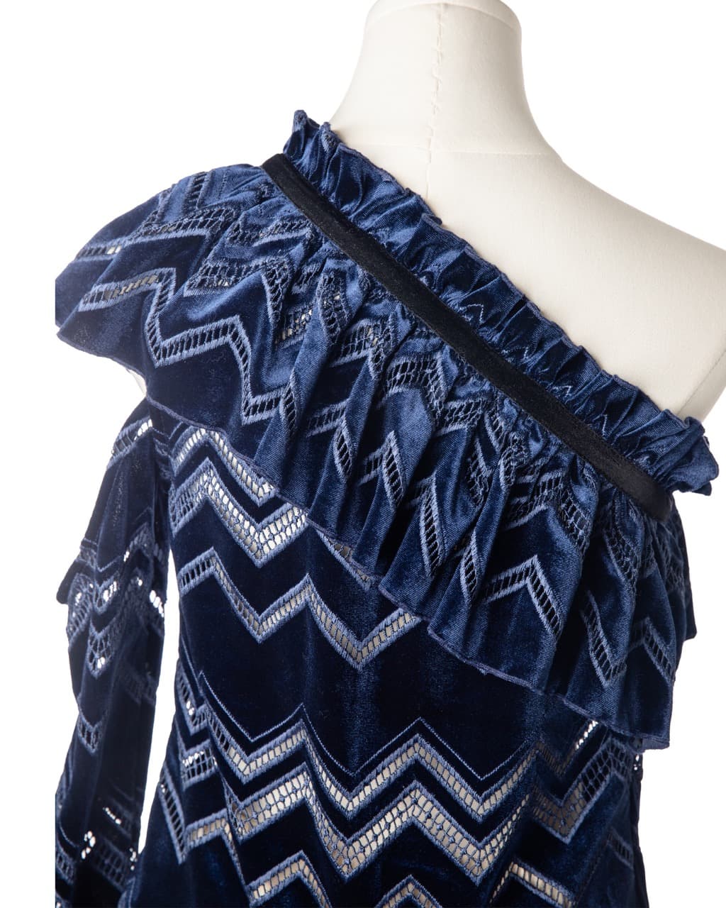Self-Portrait One-Shoulder Velvet Zigzag Lace Blouse