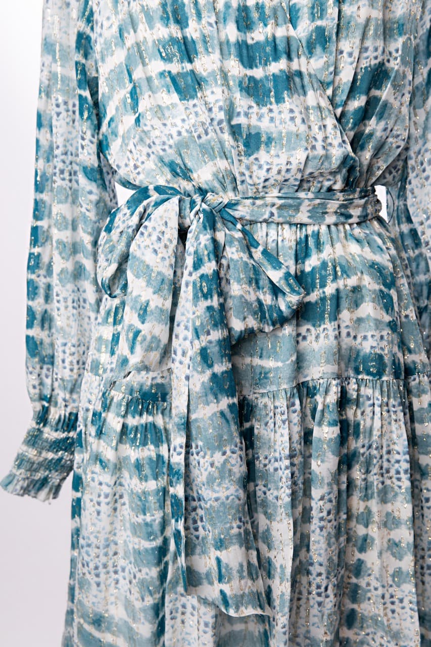 Suncoo Paris Metallic Tie-Dye Wrap Dress | Belted Long Sleeve
