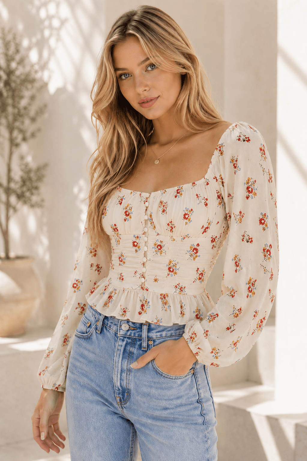 Reformation Floral Ruched Peplum Blouse