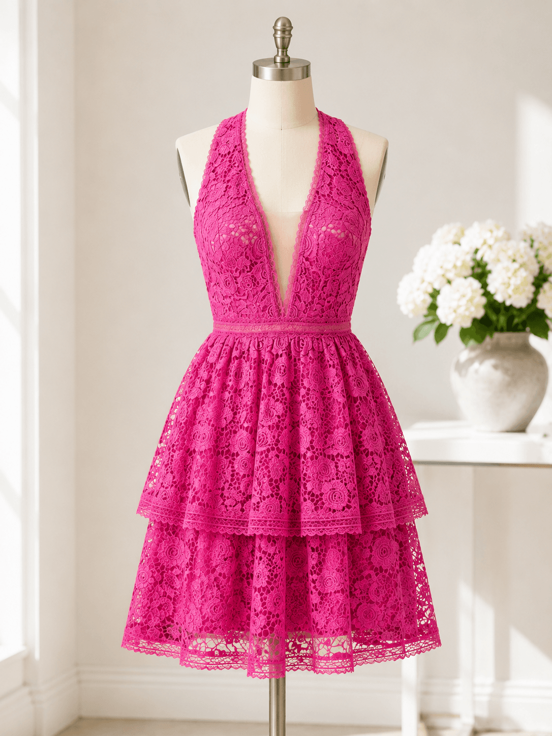 LOVE by Theia Fuchsia Lace Open-Back Cocktail Dress